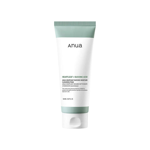 ANUA Heartleaf Succinic Moisture Cleansing Foam 150ml – spumă de curățare coreeană hidratantă și delicată pentru pielea uscată și sensibilă, disponibilă pe LOVU.md.